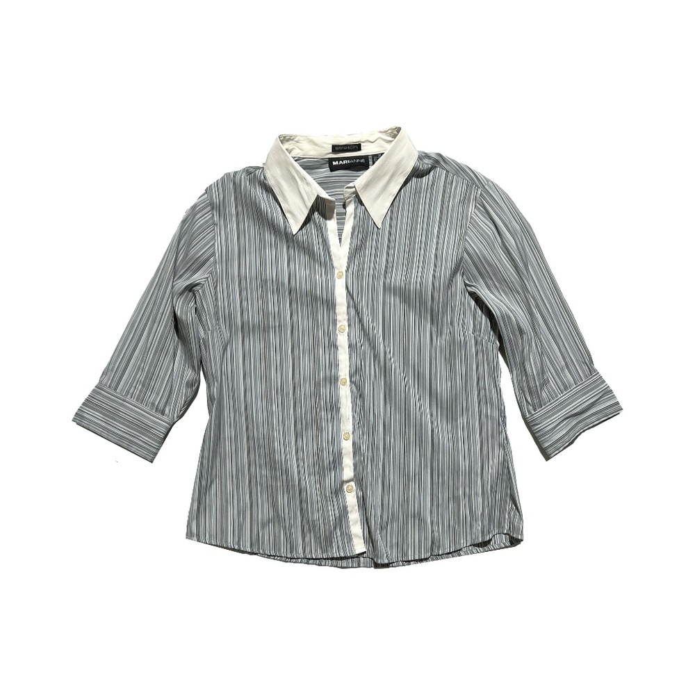 Gray and white button down shirt with white vertical lines.